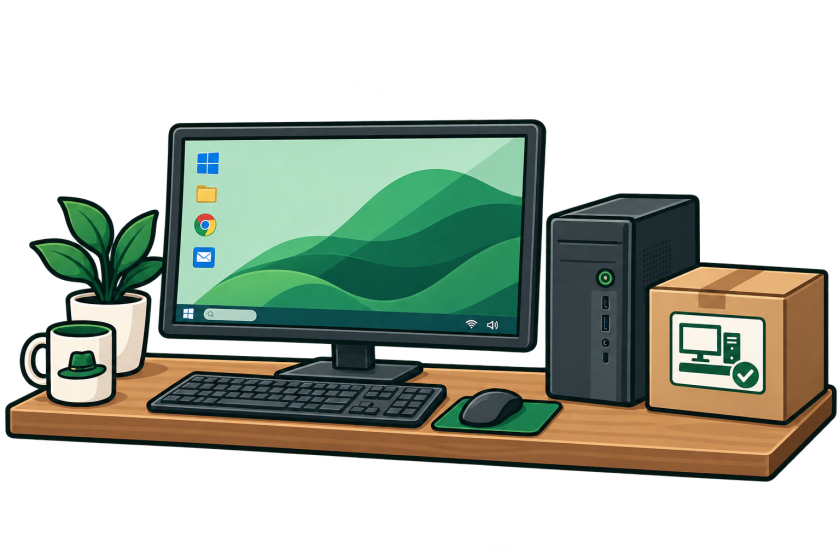 A new desktop computer set up on a bench: monitor, tower, keyboard and mouse, with the carton it arrived in still beside them