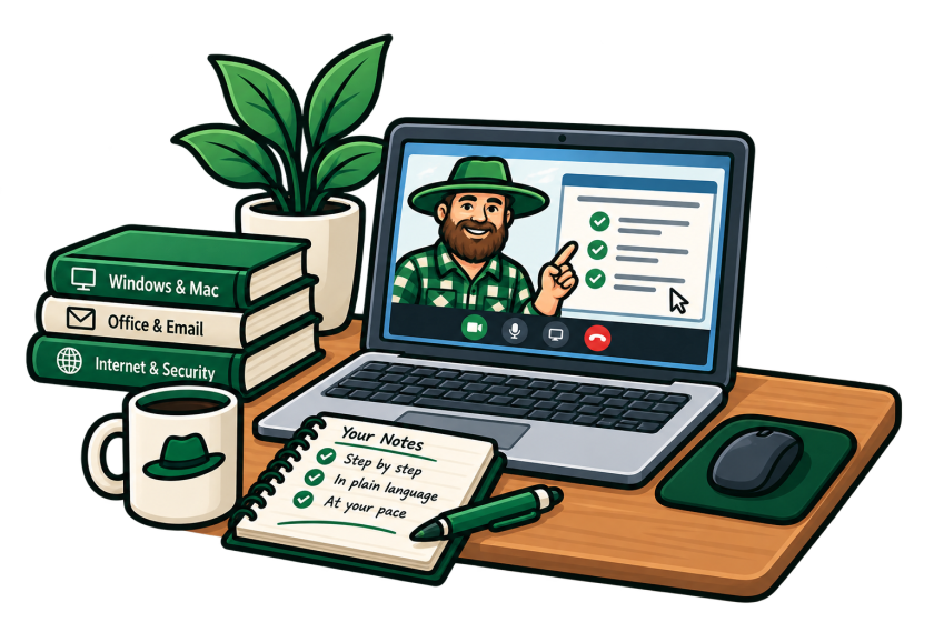 A lesson under way on a laptop screen, with handwritten notes reading step by step, in plain language, at your pace, and a short stack of books on Windows, email and internet safety