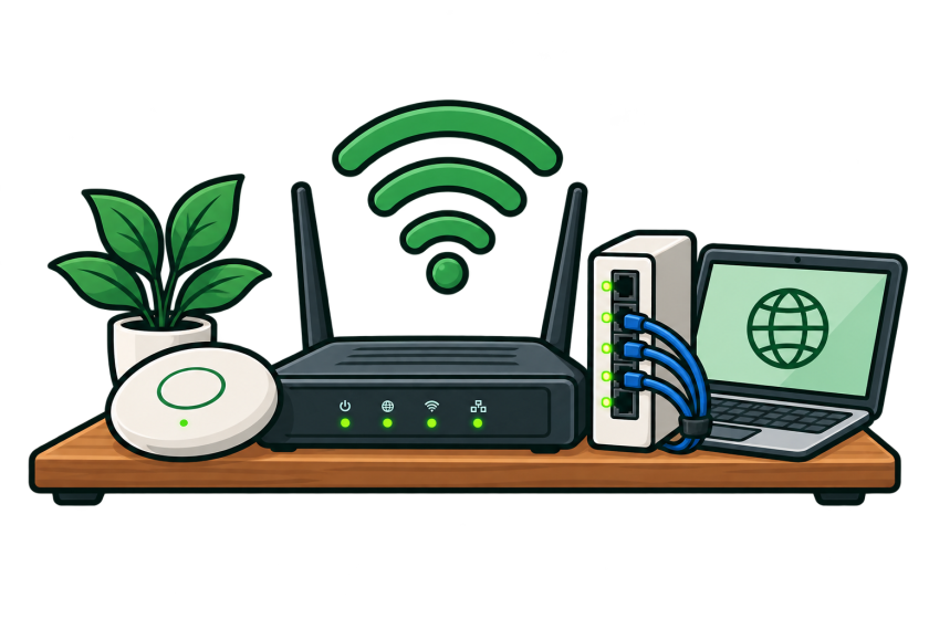 A wireless router with its signal spreading above it, next to an access point, a switch with cables in it, and a laptop that is online