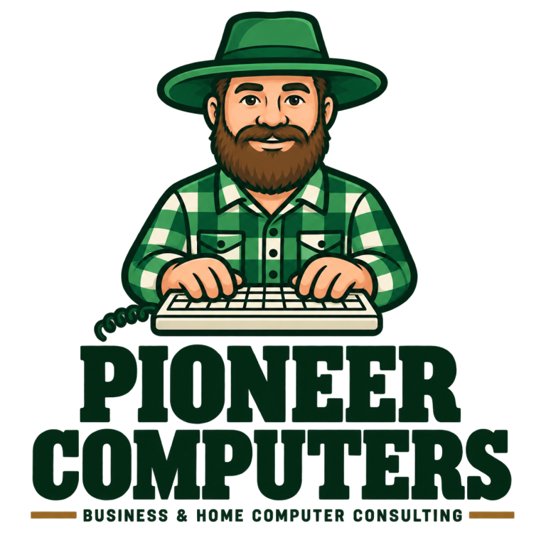 The Pioneer Computers logo: the mascot in a wide-brim hat and plaid shirt typing at a keyboard, above the company name and the line Business & Home Computer Consulting