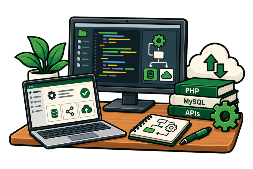 A monitor showing code beside a small flow diagram, a laptop showing the finished screen, and books on PHP, MySQL and APIs stacked next to them