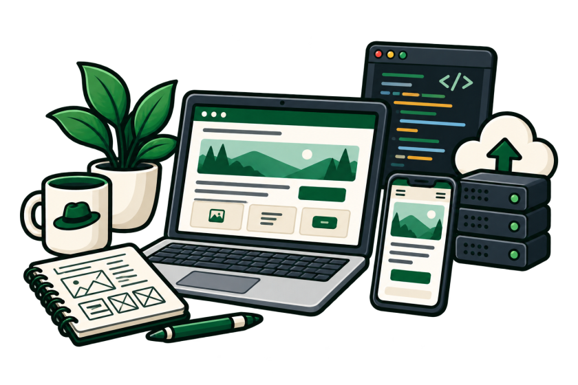 A web page laid out on a laptop and again on a phone beside it, with a wireframe drawn on a notepad and a code window behind them