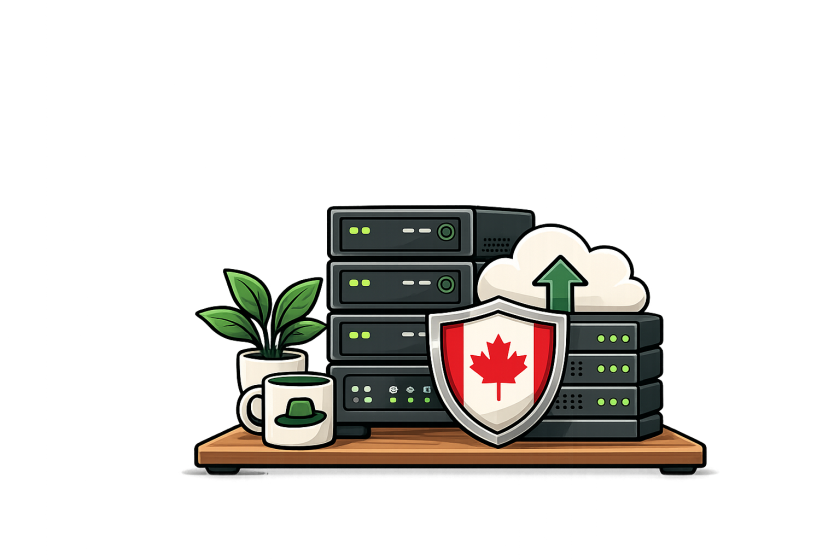 A stack of servers with their status lights lit, a shield carrying the Canadian flag in front of them, and a cloud with an upload arrow